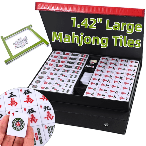 Qunbio Chinese Mahjong Game Set, 146 Numbered Mahjong Tile Set 1.42" Large Size, Mahjong Set with Carrying Travel Case for Party Family Games with English Manual