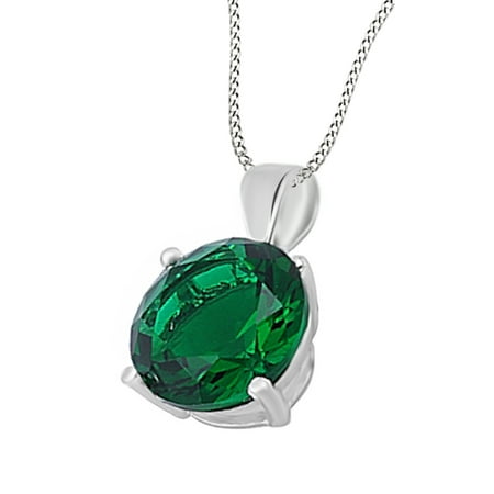 Emerald Cut Solitaire Pendant - 3 Carat Round Simulated Green Emerald CZ Solitaire Pendant Necklace 14k Gold Over Sterling Silver