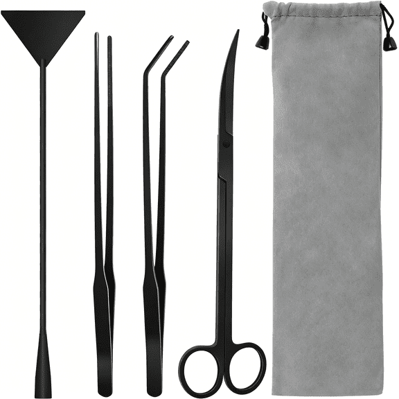 EXLEAF Aquarium Tools Kit,4 in 1 Anti-Rust Aquatic Plant Tool Stainless Steel Black Tweezers Scissors Spatula for Aquarium Tank Clean Fish Tank Tools Sets(Black)