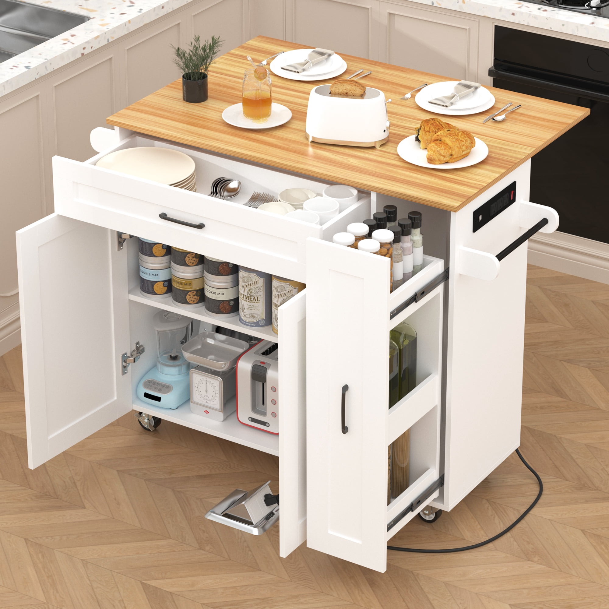 NAIYUFA Kitchen Island with Wheels & Adjustable Shelf,Modern Kitchen Islands with Power Outlets,Door Storage Cabinet,Drawers