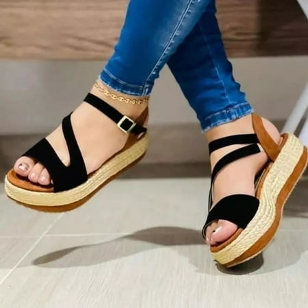 

ZHELIYO Women s sandals Women s Casual Fish Mouth Shoes Thick-Soled Hollow Thin Strap Buckle Sandals Black 7.5