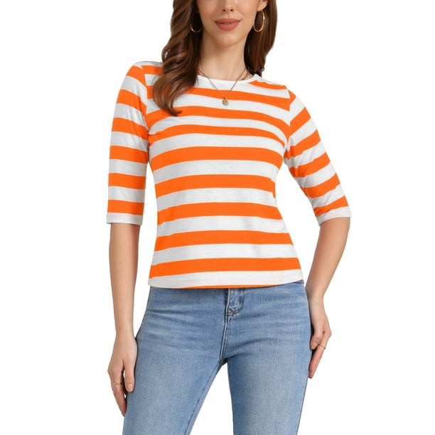 Camiseta básica de ajuste slim con cuello redondo y mangas de codo para mujeres INSPIRE CHIC, camiseta casual impresa, talla XS, color naranja y blanco