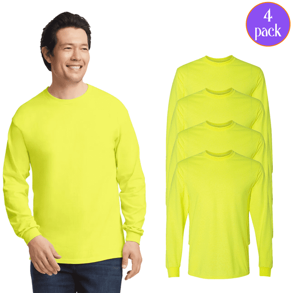Gildan DryBlend 50/50 Long Sleeve T-Shirt, Men's High-Visibility Safety Green Work Tee, 4-Pack, S