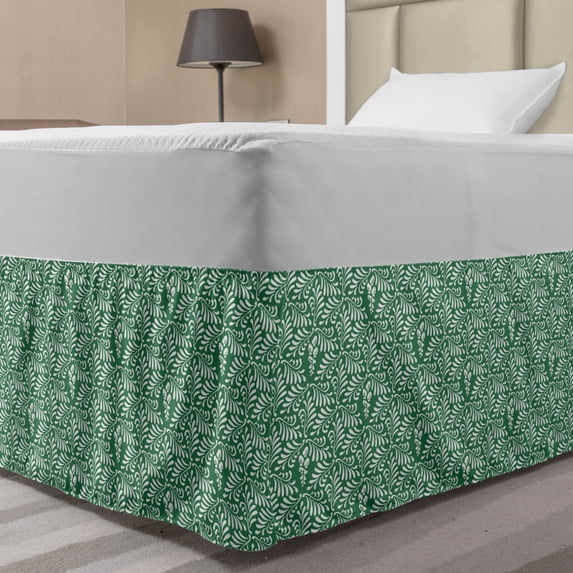 Antique Oriental Bed Skirt, Continuous Eastern Style Simplistic Leaves Arrangement Pattern, Elastic Bedskirt Dust Ruffle Wrap Around for Bedding Decor, 4 Sizes, Jade Green and White, by Ambesonne