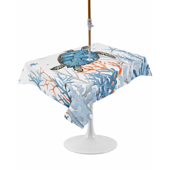 Outdoor Table Cloth with Umbrella Hole and Zipper, Sea Turtle Coastal Waterproof Rectangle Tablecloth 54"x80", Nautical Summer Beach Coral Ocean Washable Table Cover for Outside Party Patio Picnic