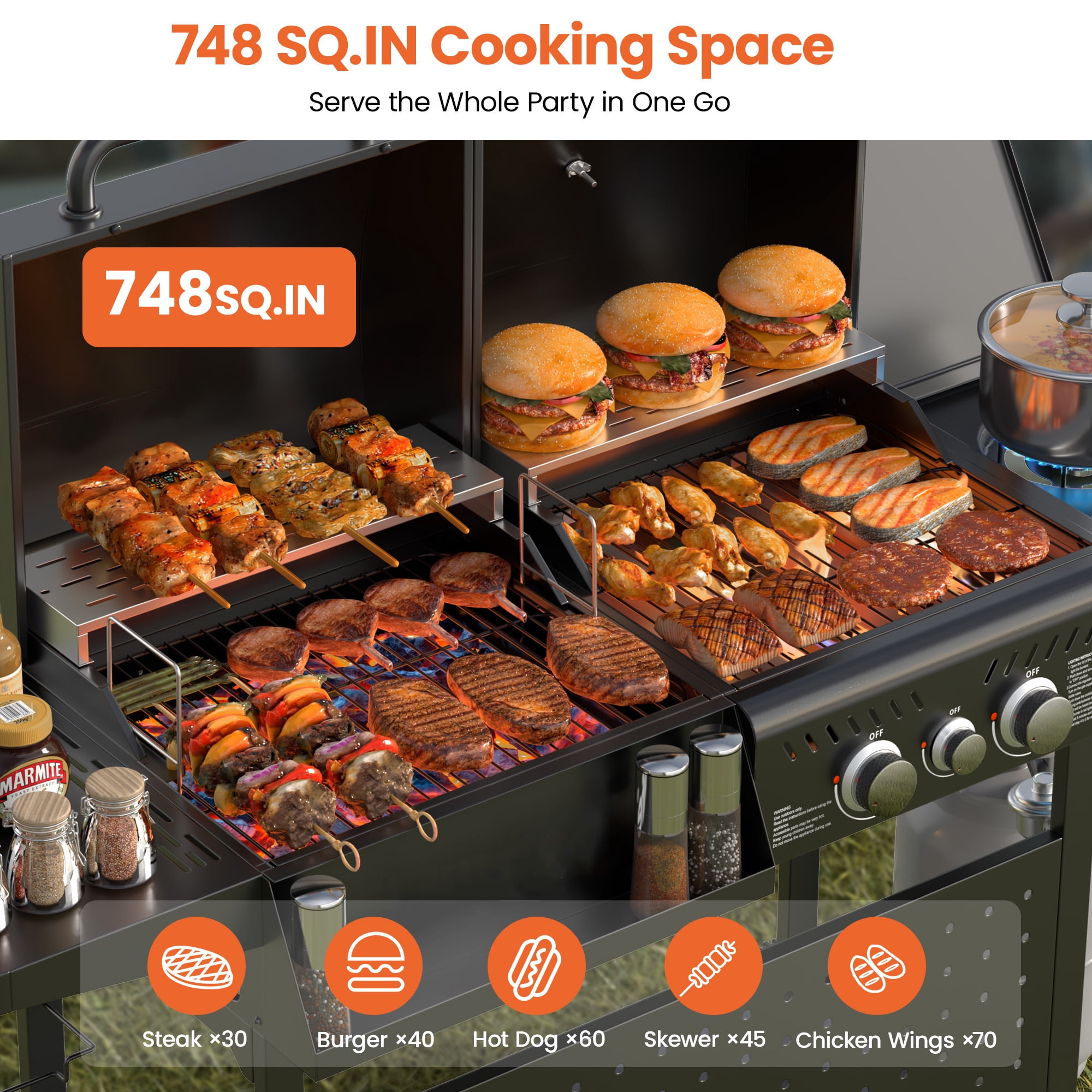 3-Burner Gas & Charcoal Grill Combo with 30,000 BTU, Dual Fuel BBQ Grill, 748 SQ.in Cooking Space, for Backyard BBQ, Outdoor Cooking