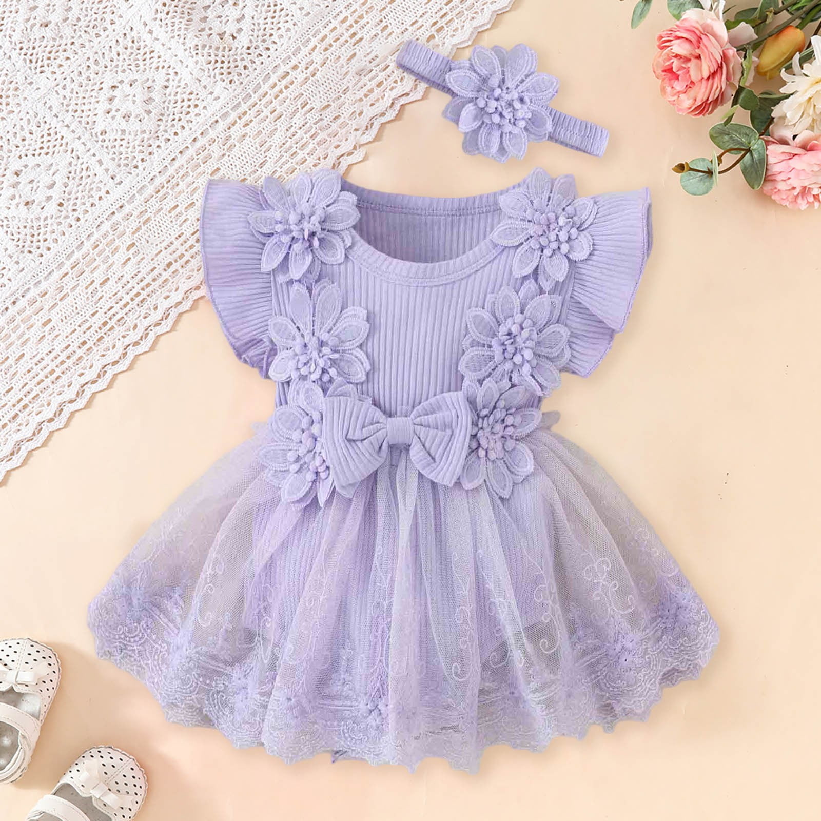 Girls Jumpsuit Baby Girls' Summer Floral Romper with Bow Solid One Piece Jumpsuit with Snap Closure Baby Romper 0 Months-3 Months