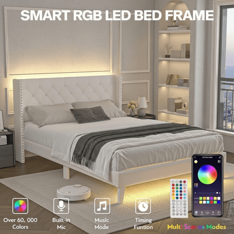 Queen Bed Frame with LED Lights, Upholstered Velvet Platform Bed Frames with Button Tufted Wingback Headboard & Footboard - Wooden Slats Support, No Box Spring Needed, Beige