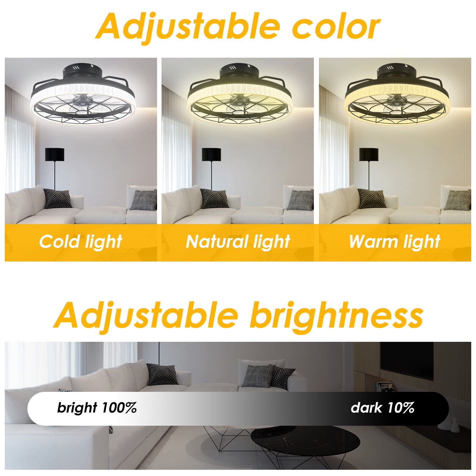 20" Small Caged Ceiling Fans with Lights and Remote & APP Control, Flush Mount Low Profile Ceiling Fan with Light, 5 Enclosed Blades, 6 Wind Speeds