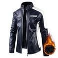 thumbnail image 2 of Tuphregyow Men Leather Jackets Zip-Up Slim Biker Coat Outdoor Warm Winter Motorcycle Lapel Faux Bomber Jacket Solid Trendy Blue XXXXL, 2 of 5