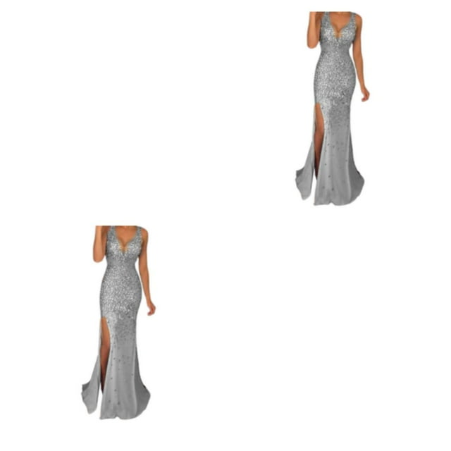 QualitChoice Evening Dress Party Outfit Festive Clothing V Neck Long Ball Slit Cocktail Fine Washable Exquisite Prom Dresses Silver XXL 2PCS