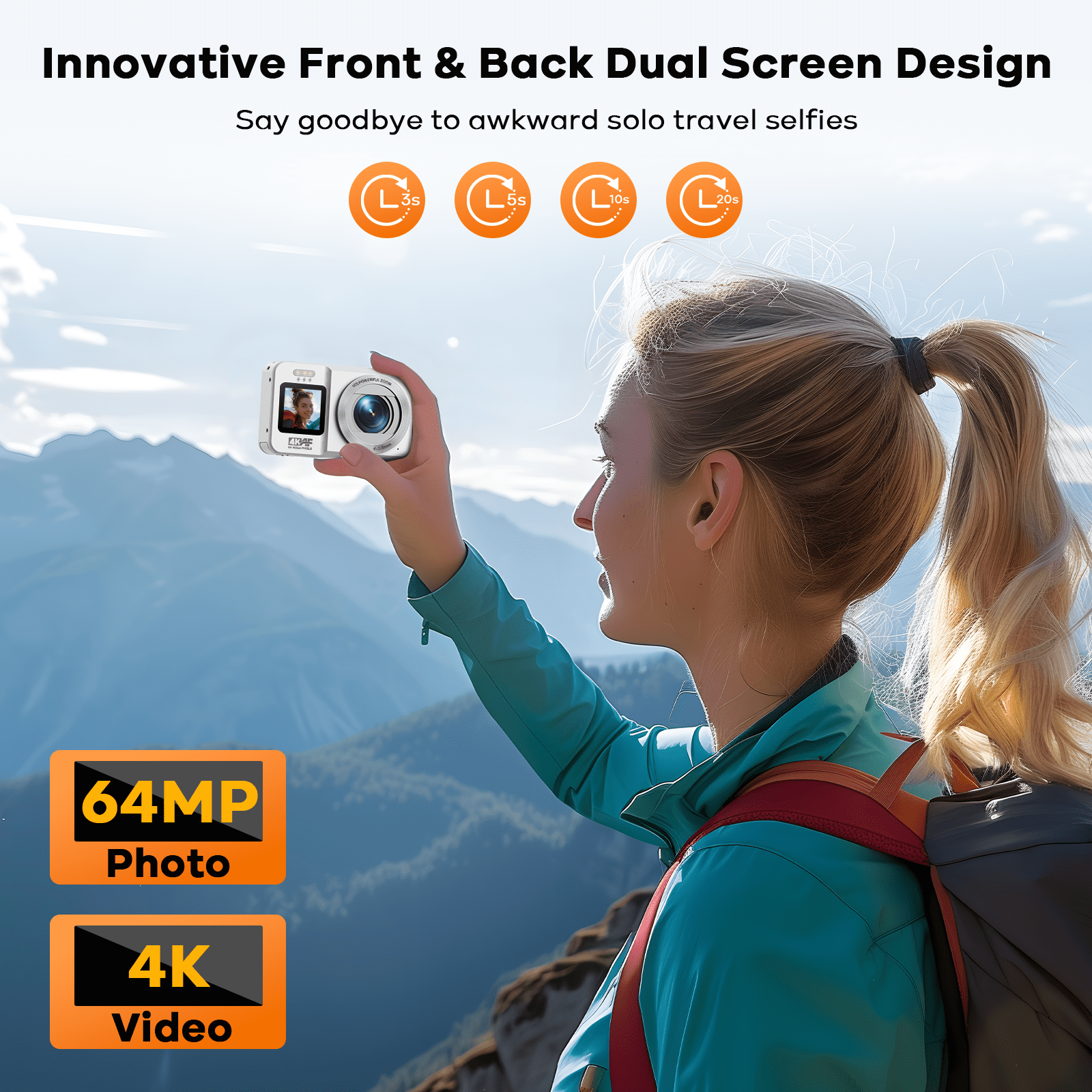 Campark 64MP Digital Camera Autofocus 18x Digital Zoom with 32G SD Card 4K Point and Shoot Camera for Kids Teens Students