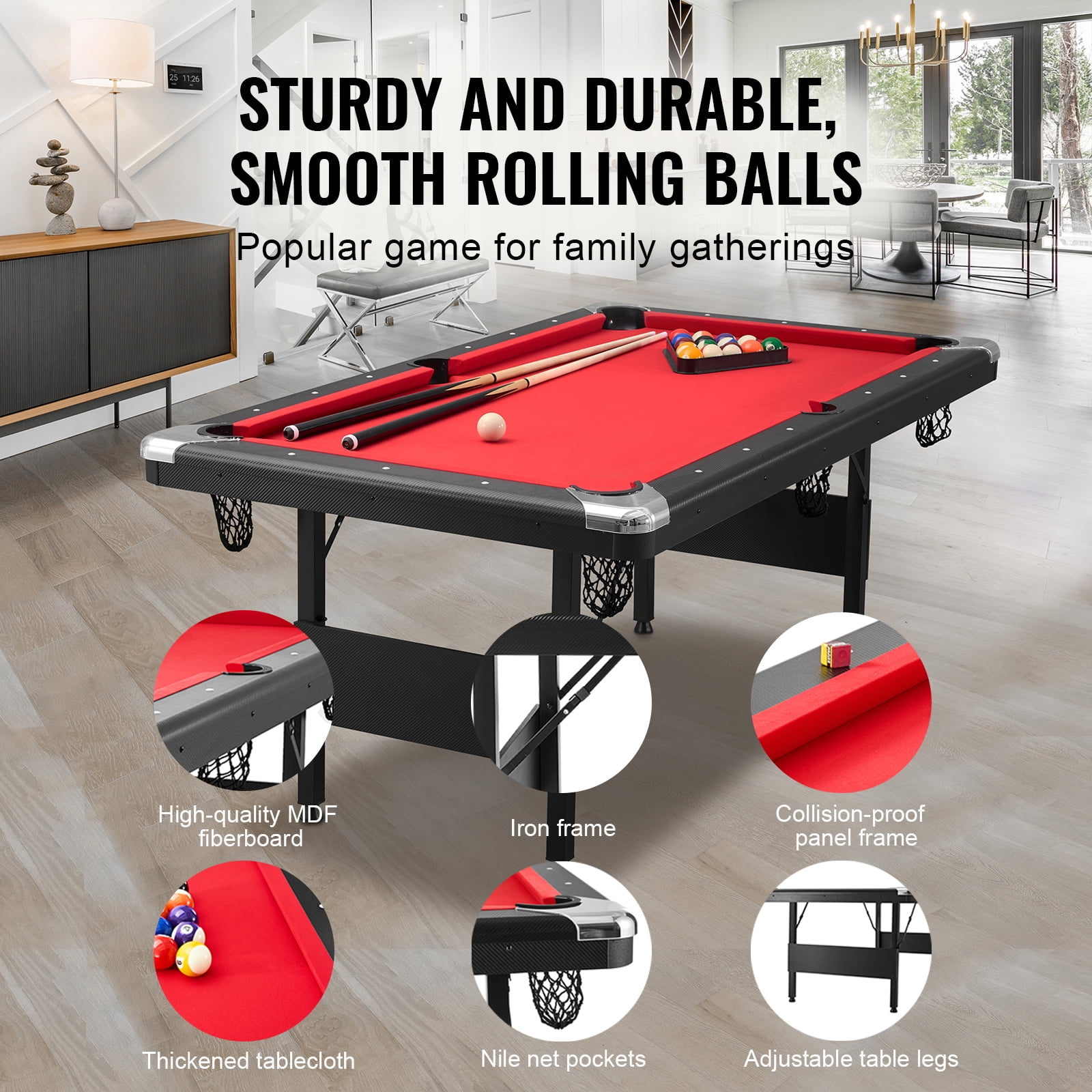 KFFKFF 6.3ft Billiards Table Portable Pool Table Red Cloth for Family Game Room