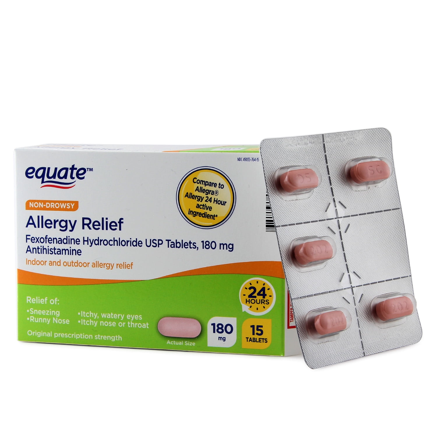 Equate Fexofenadine Allergy Relief Tablets, 180 mg, 15 Count