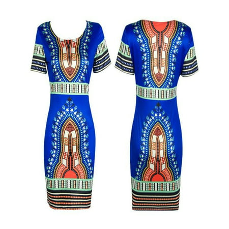 Women Traditional African Print Dashiki Bodycon Sexy Short Sleeve Dress Blue/L