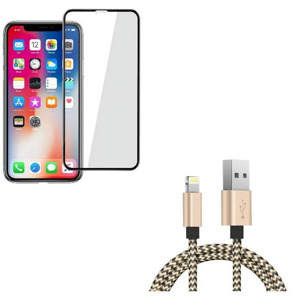 iPhone XS/X - Tempered Glass Screen Protector w 3ft USB Cable - 5D Touch Curved Edge Full Cover Bubble Free Case Friendly 9H Hardness, Charger Cord Power Wire Sync Braided