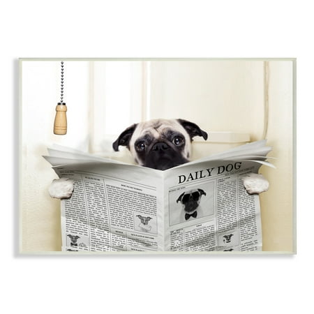 The Stupell Home Decor Collection Pug Reading Newspaper in Bathroom Wall Plaque Art, 10 x 0.5 x