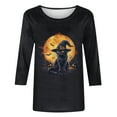 thumbnail image 4 of Uootdi Scary Vintage Black Cat with Witch Hat Full Moon - Halloween Crew Neck Long Sleeve T-Shirt Black Womens Tops, 4 of 5