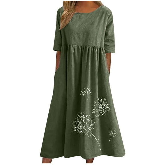 Womens Summer Plus Size Cotton Linen Long Dress Crewneck Casual Loose Tunic T Shirts Dress Spring Dress with Pockets