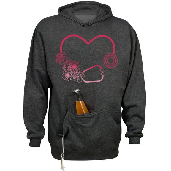 Heart Flowers Stethoscope Beer Holder Tailgate Hoodie Sweatshirt Unisex Large Charcoal Heather