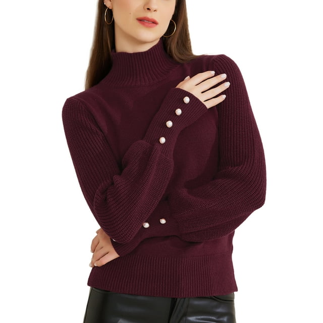 TOP INSPIRADOR CHIC para Mujeres, Suéter de Pullover de Cuello Alto y Manga Larga, Tejido Elástico, Color Burdeos