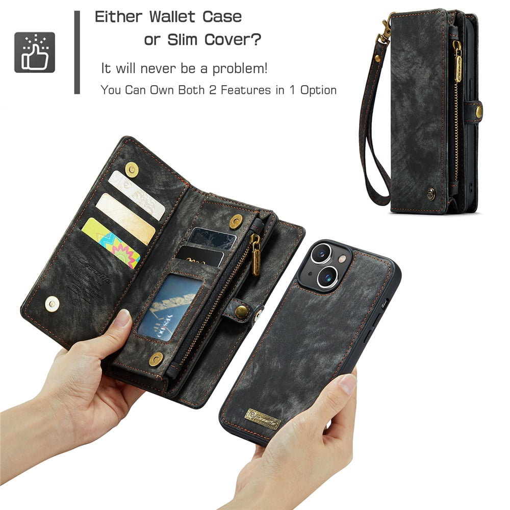 CaseMe Leather Case for iPhone 13 Mini,2 in 1 Detachable Wallet Case with 8-Card Holder Zipper Bills Slot,Magnetic Shockproof Flip Leather Cover Zipper Pocket Phone Cases,Black,For iPhone 13 Mini