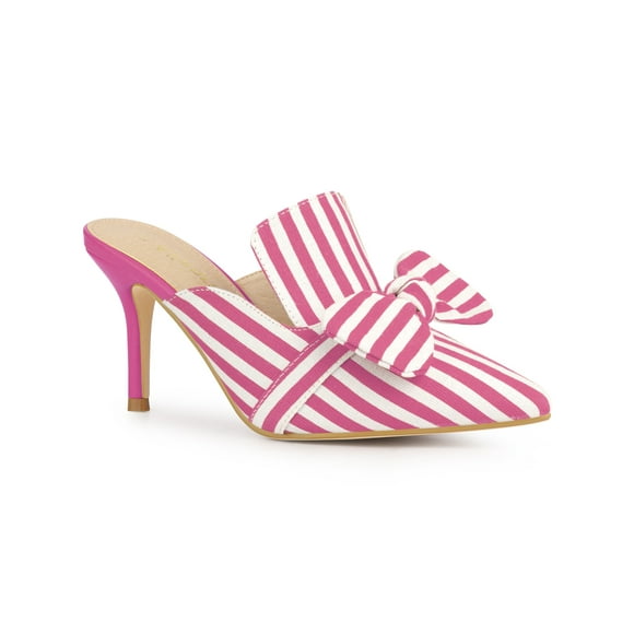 BLISSFUL STEP Women's Stiletto Heel Mules Pointed Toe Stripe Bow Slip-On Dress Shoes Hot Pink 11