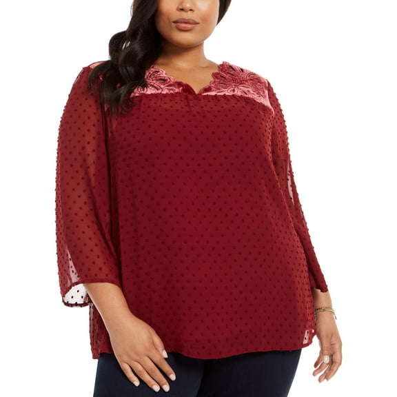 Style & Co. Women's Plus Size Mixed-Media Sheer-Sleeve Blouse (3X, Eyelet Red)