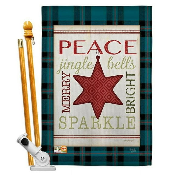 Breeze Decor BD-XM-HS-114179-IP-BO-D-US18-SB 28 x 40 in. Merry with Brighting Stars Winter Christmas Impressions Decorative Vertical Double Sided House Flag Set & Pole Bracket Hardware