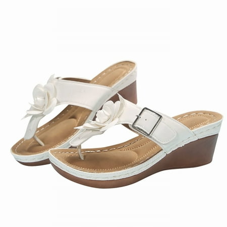 NOKIO Classic Women S Thong Sandals Ladies Fashion Retro Solid Leather Flower Decorative Open Toe Thick Sole Sandals