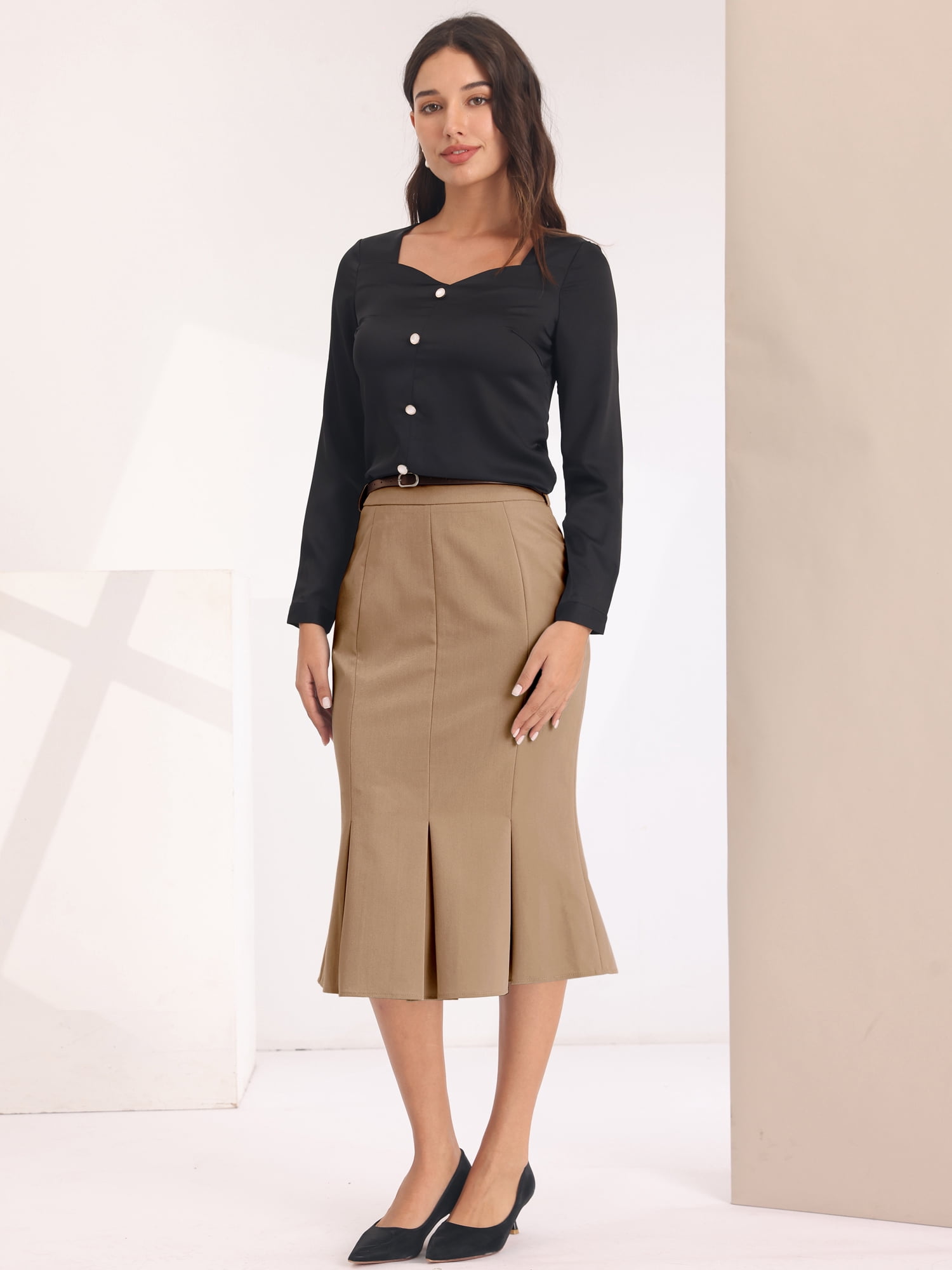 DARING DIVA Women's Elegant Knee Length Fishtail Pencil Skirt M Brown