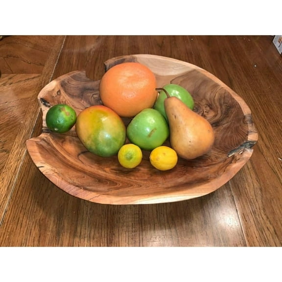 Live Edge Teak Wood Hand Carved Large Bowl, Small Rustic Centerpiece, Handmade Tableware Decor, 15 "W x 3 "H x 15 "D, Decorative Bowl for Livingroom Diningroom Coffee Table