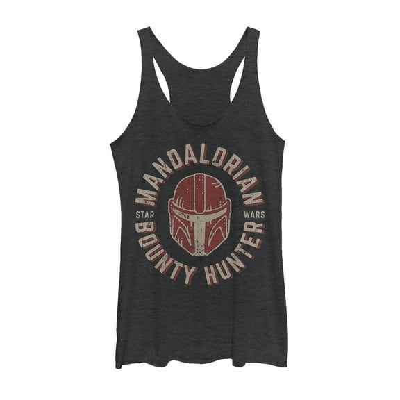Women's Star Wars: The Mandalorian Helmet Stamp Racerback Tank Top Black Heather Small