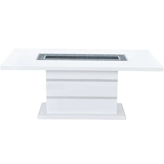 White Gloss Pedestal Dining Table with Rectangular Glass Top and Silver Accents