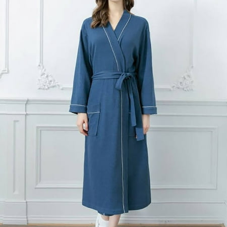 

Women Lightweight Nightgowns Solid Color Long Sleeve Loungewear Kint Pajama Cardigans Waistband Plain Casual Sleepwears (L Blue)