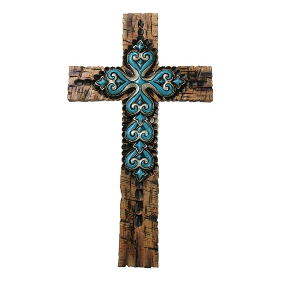 Rustic Southwestern Faux Wooden Turquoise Fleur De Lis Scrollwork Wall Cross