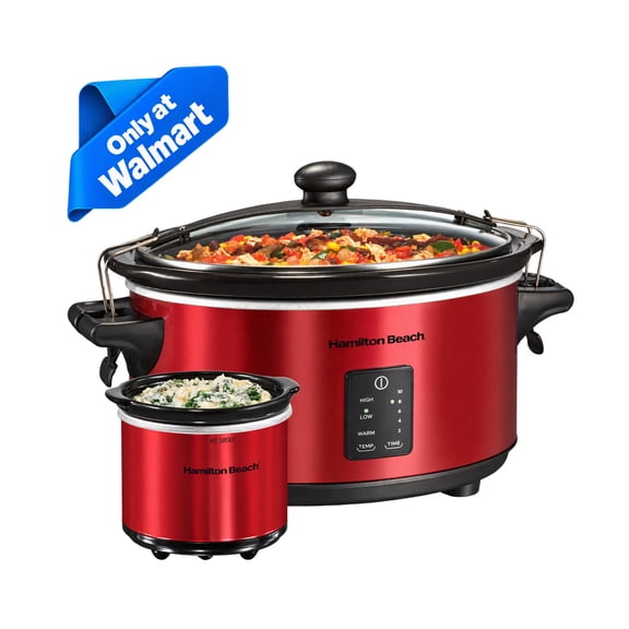 Hamilton Beach 7 Qt Programmable Slow Cooker, Stoneware Crock with Removable Pot, Includes Party Dipper Food Warmer, Red