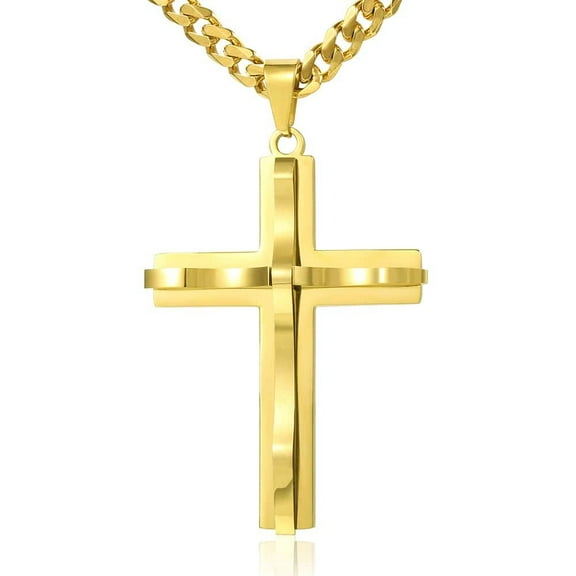 Hermah Mens Womens Stainless Steel 5mm Curb Chain Cross Necklace Pendant Gold/Silver