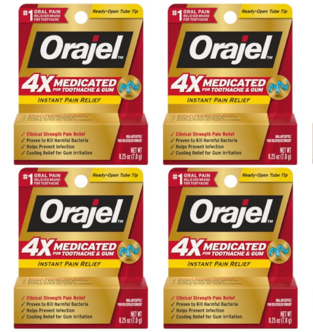 Orajel 4X Medicated For Toothache & Gum Relief, Cooling Gel, 0.25 oz (Pack of 4)