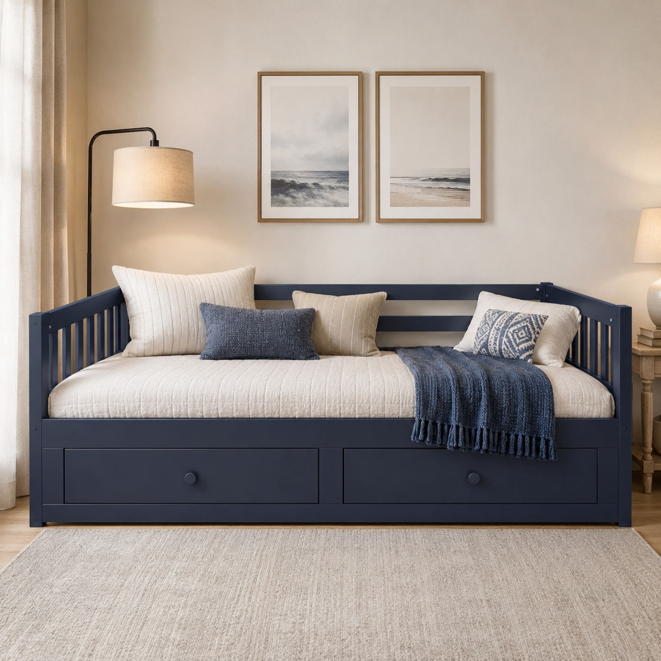 Noble House Twin to King Extendable Daybed with Pull-Out Trundle, 2 Drawers & Guardrails, Blue