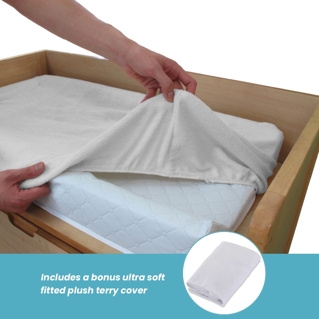 [Combo Pack] 4-Sided Waterproof Diaper Changing Pad, 30" with Bonus Washable White Terry Cover