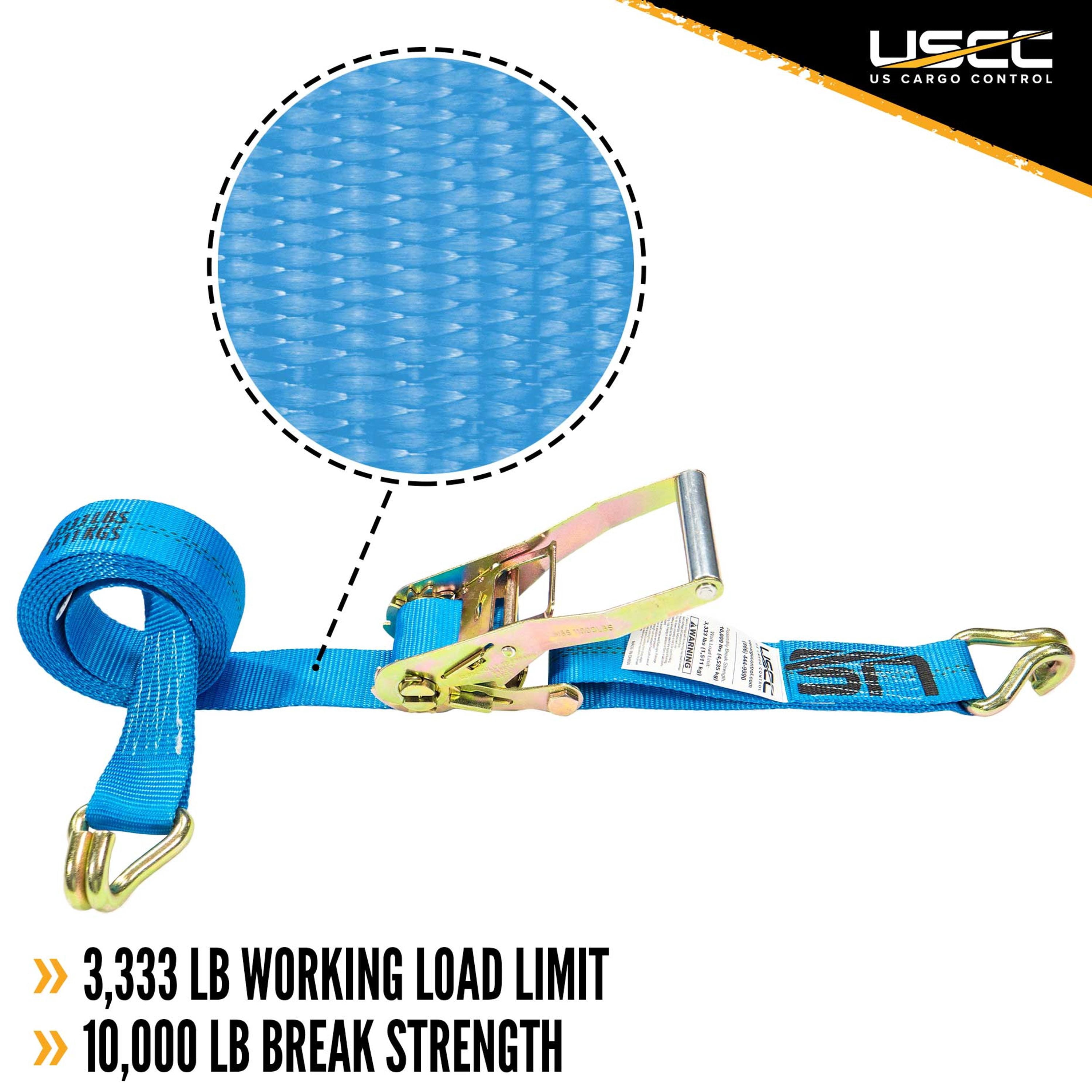 US Cargo Control Ratchet Straps, 2 Inch x 18 Foot Ratchet Straps With Double J Hooks,  18 Foot Tiedowns, Blue Ratchet Straps,  Double J Hook Ratchet Straps, Secure Cargo with Ease, 2 Pack