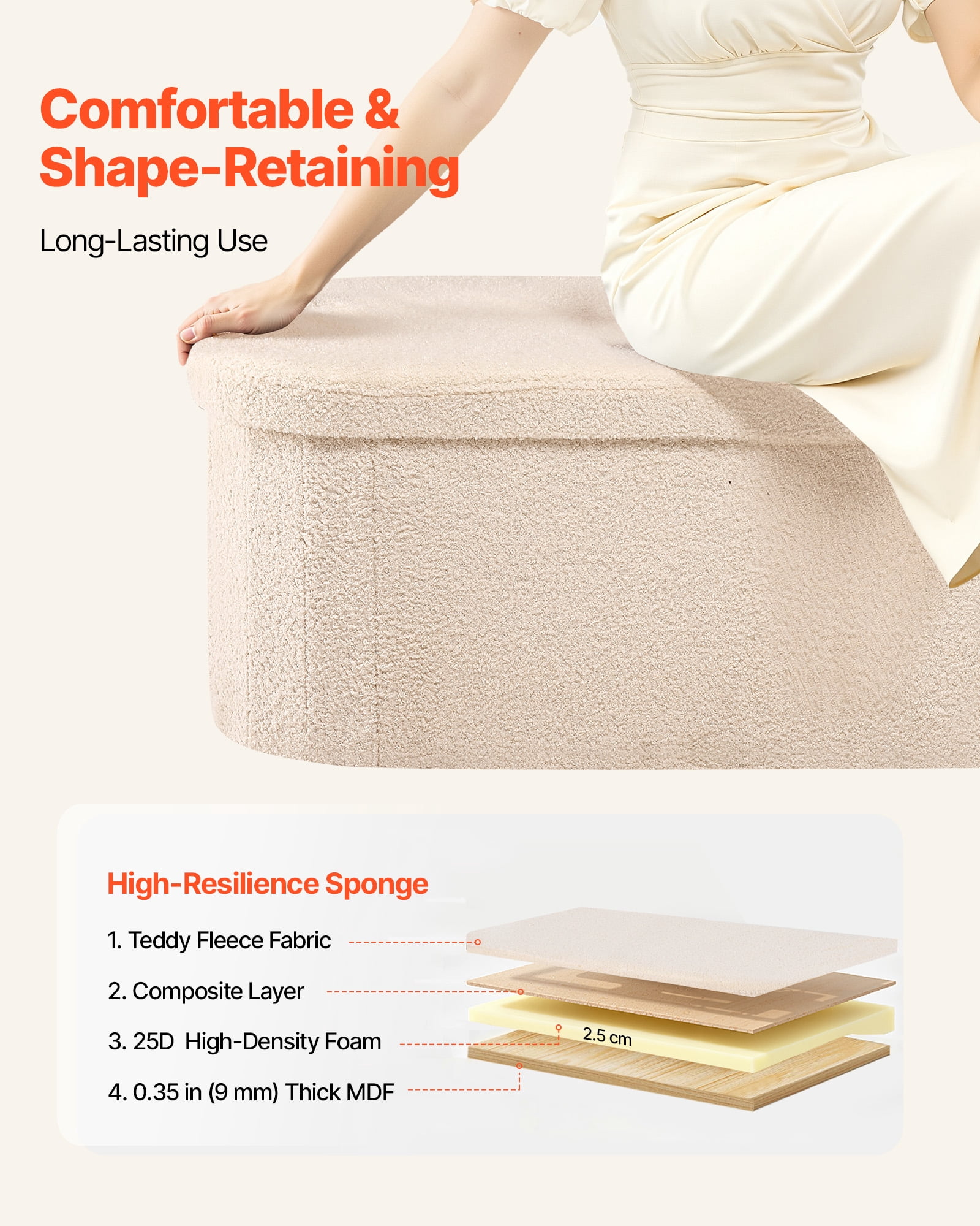 VEVOR Oval Storage Ottoman Bench, Foldable Teddy Fleece End of Bed Bench, Folding Upholstered Bed Ottoman Chest with Large Storage Space, Supports 660 lbs, for Living Room, Bedroom, Entryway, Beige
