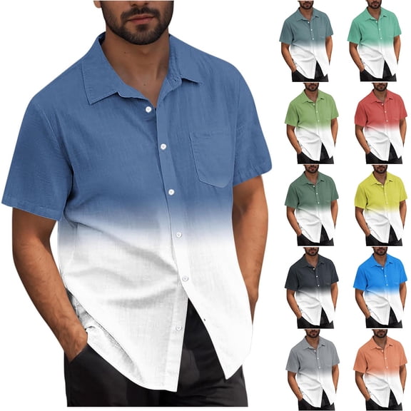 HVOBTTY Men's Plus Size Summer Shirts Casual Classic Lapel Collar Gradient Color Short Sleeve Button Down Open Front Top Gray, S