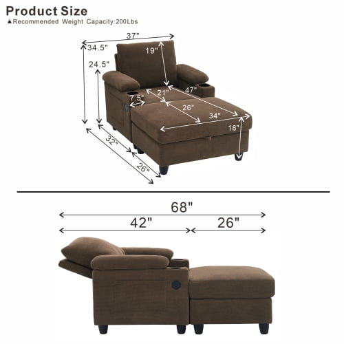 Accent Chair and Storage Ottoman Set, Convertible Single Chaise Lounge Sleeper Bed with Reclining Backrest, Dual Cup Holders, USB-C Ports, Side Storage Pocket, Coffee
