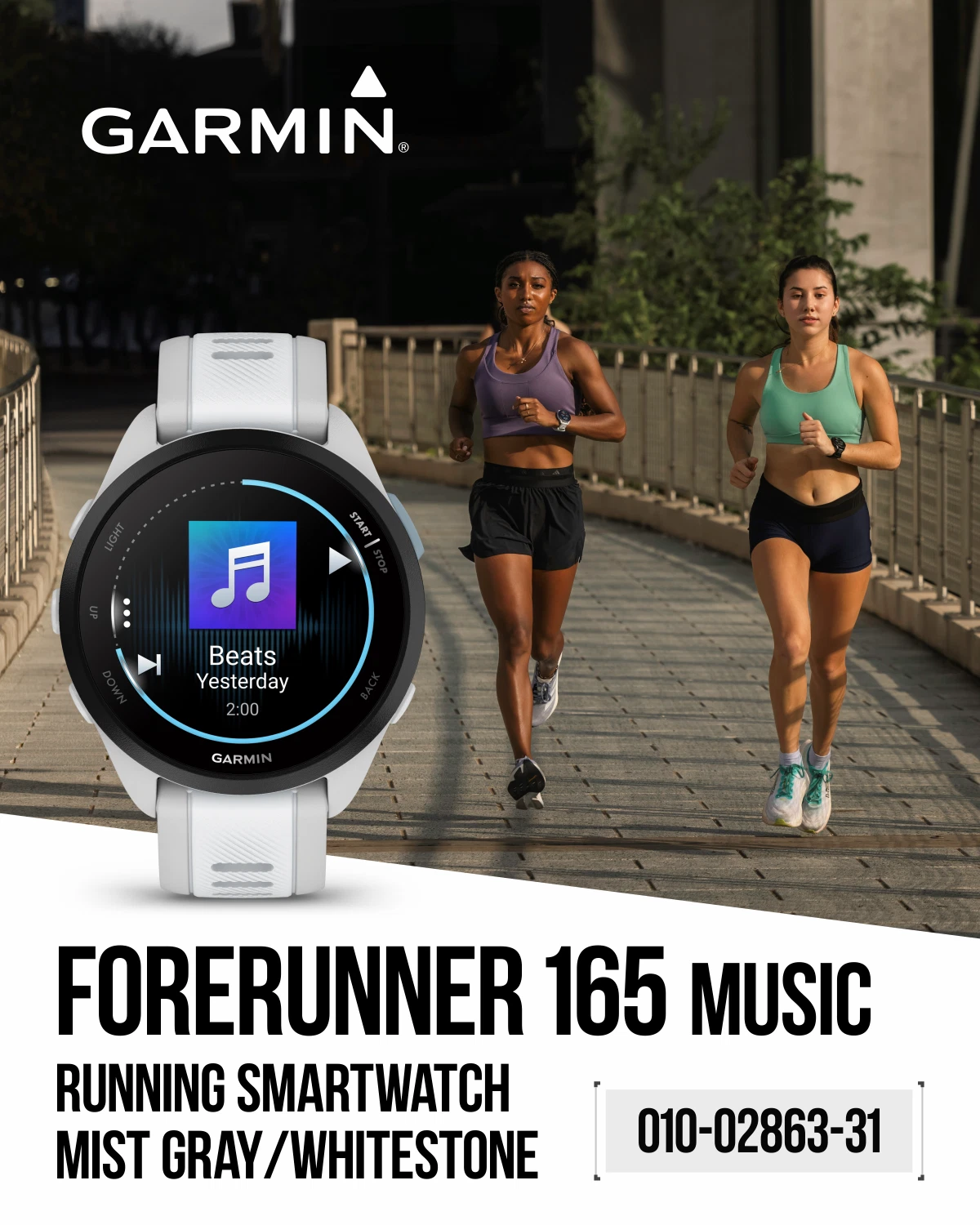 Garmin Forerunner 165 Music Running Smartwatch, Colorful AMOLED Touchscreen, Mist Gray/Whitestone w/ Wearable4U PowerPack & Adapters Bundle