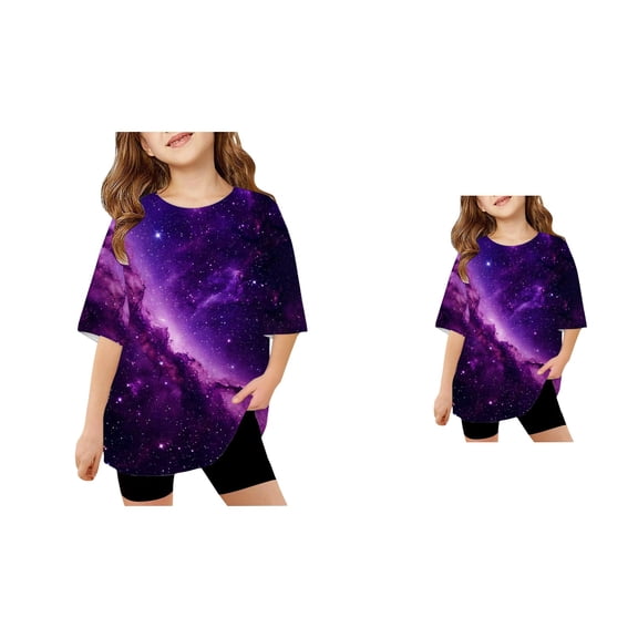 Kids Boys Girls Galaxy Print Short Sleeve T-Shirt Loose Fit Casual Graphic Tee for Children Comfortable Blend Top