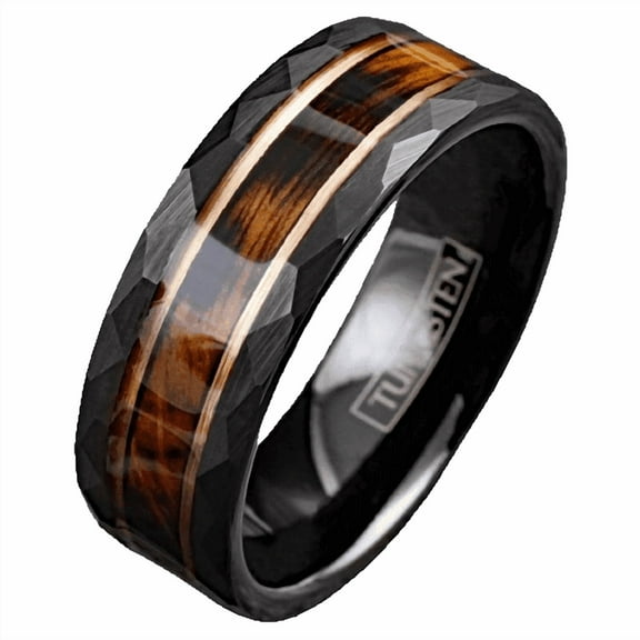 Tungsten Rings for Men Wedding Bands for Him Womens Wedding Bands for Her 8mm Charred Whiskey Barrel Rose Gold Plated