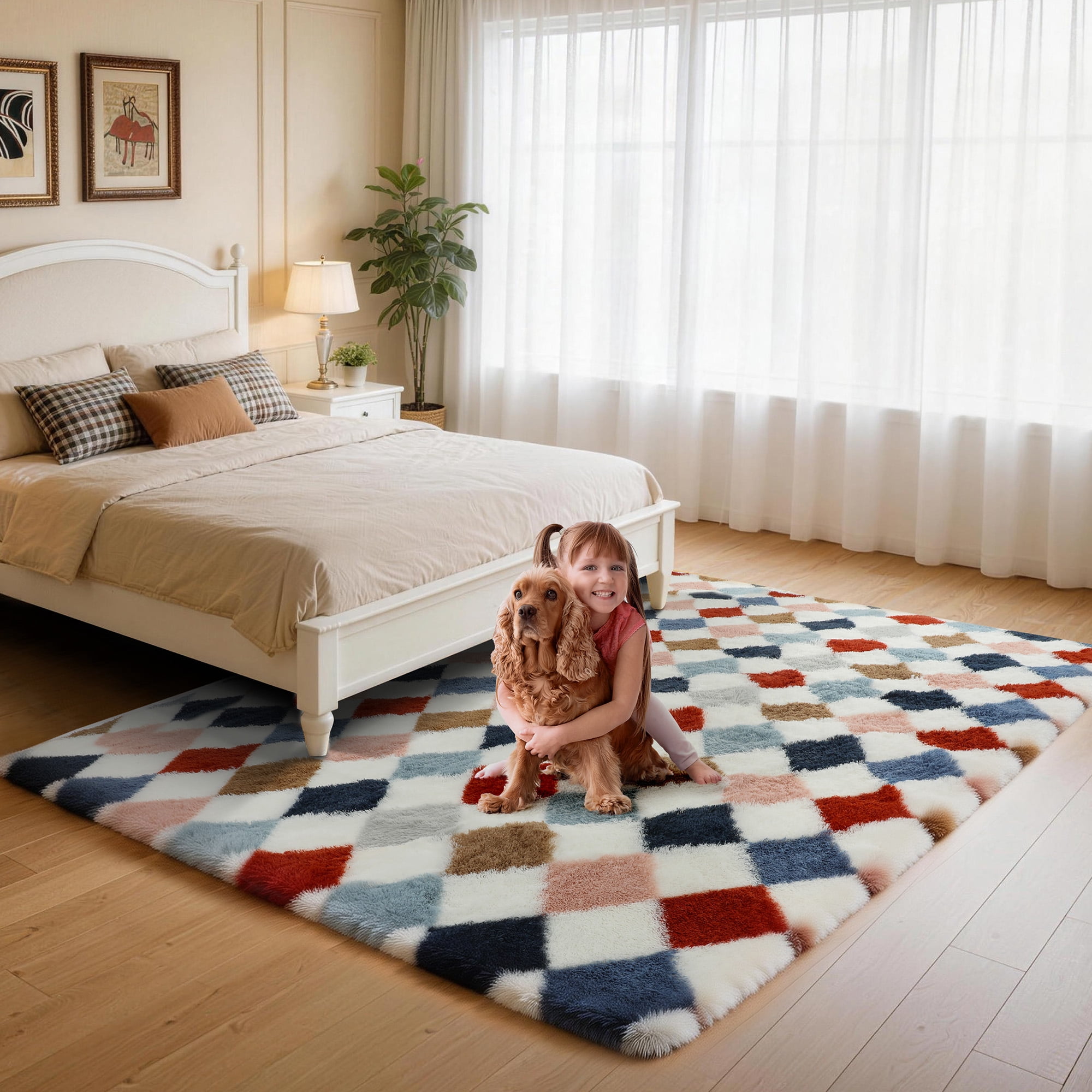 CozyDesg 5ftx7ft Area Rugs,Shag Fluffy Checkered Rugs for Living Room,Bedroom,Modern Room Decor Carpet, Non-Slip Floor Rug,Colorful B