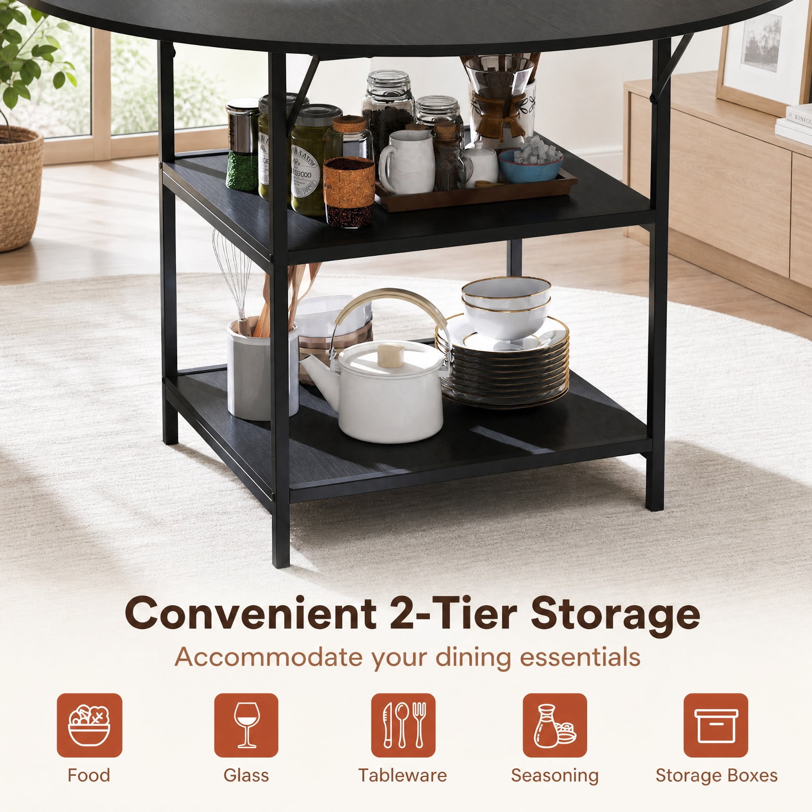 Furnibear 47 Inch Round Dining Table for 4 to 6 with 2 Tier Storage Shelves and Sturdy Metal Frame for Kitchen and Apartment, Black